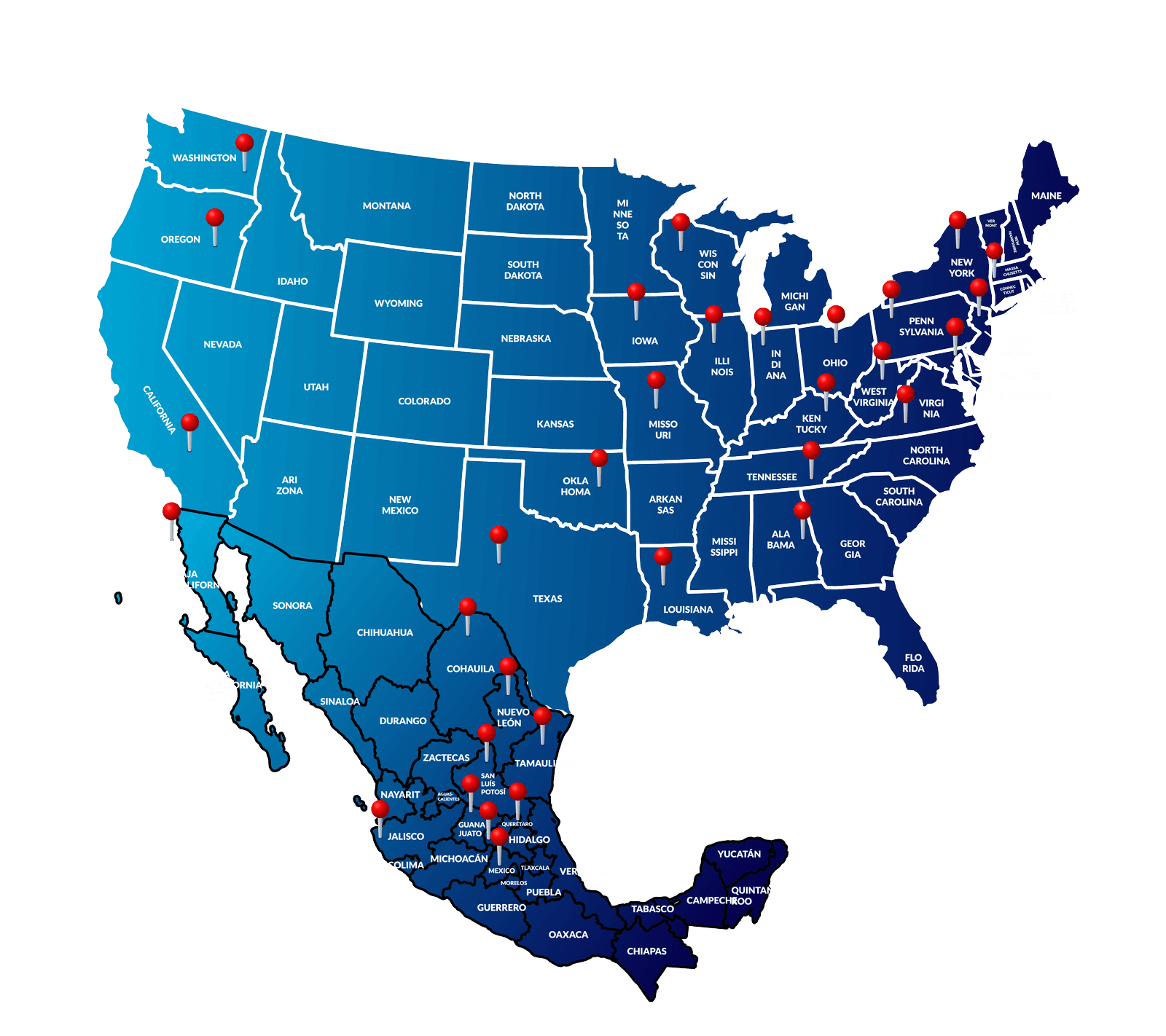 Mapa de cobertura de CAFE57: 7 patios en México y Texas, y los cruces de Colombia, Laredo y El Paso